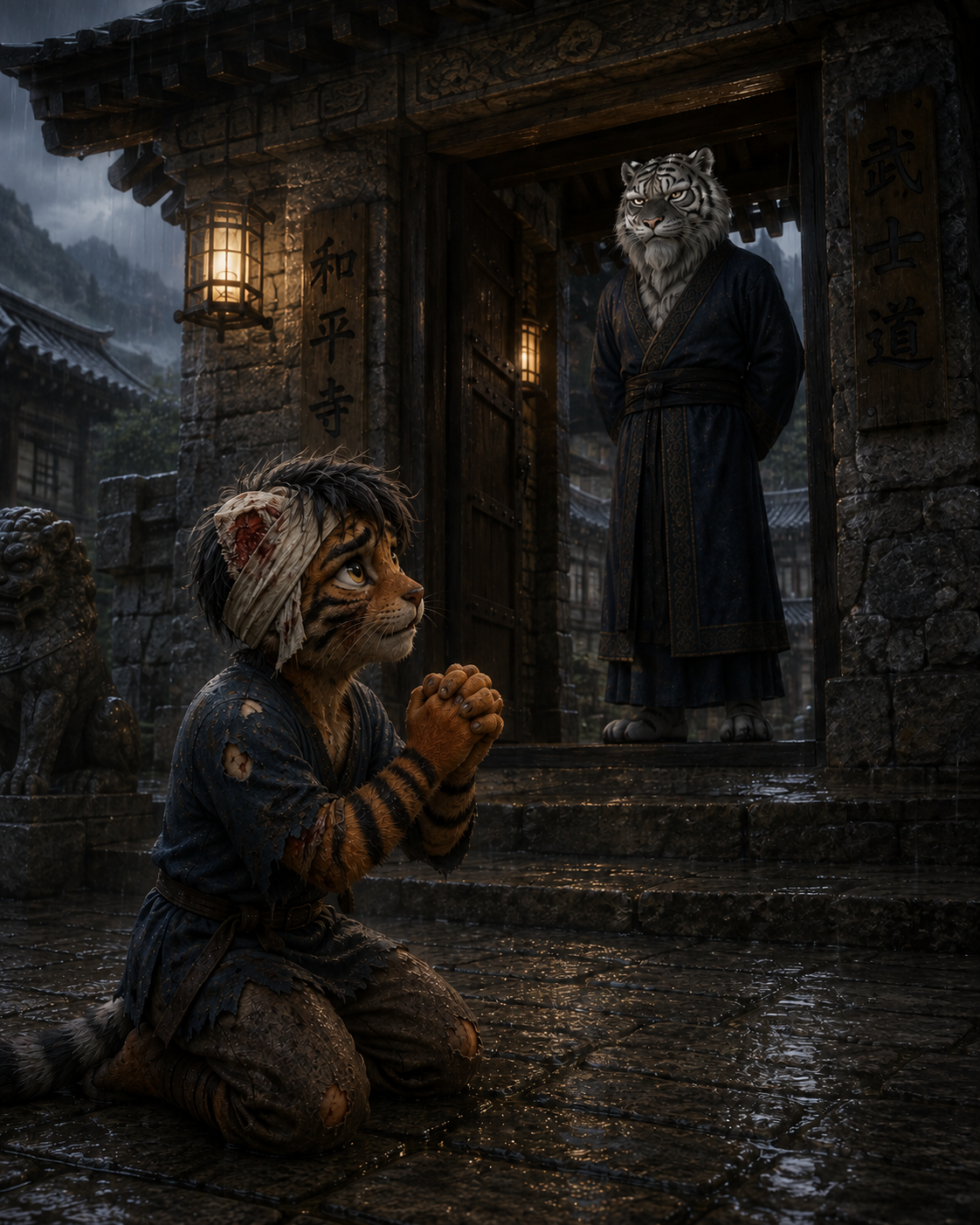 Young Kitaro kneeling at the gates of the Temple of Peace before Master Satoshi