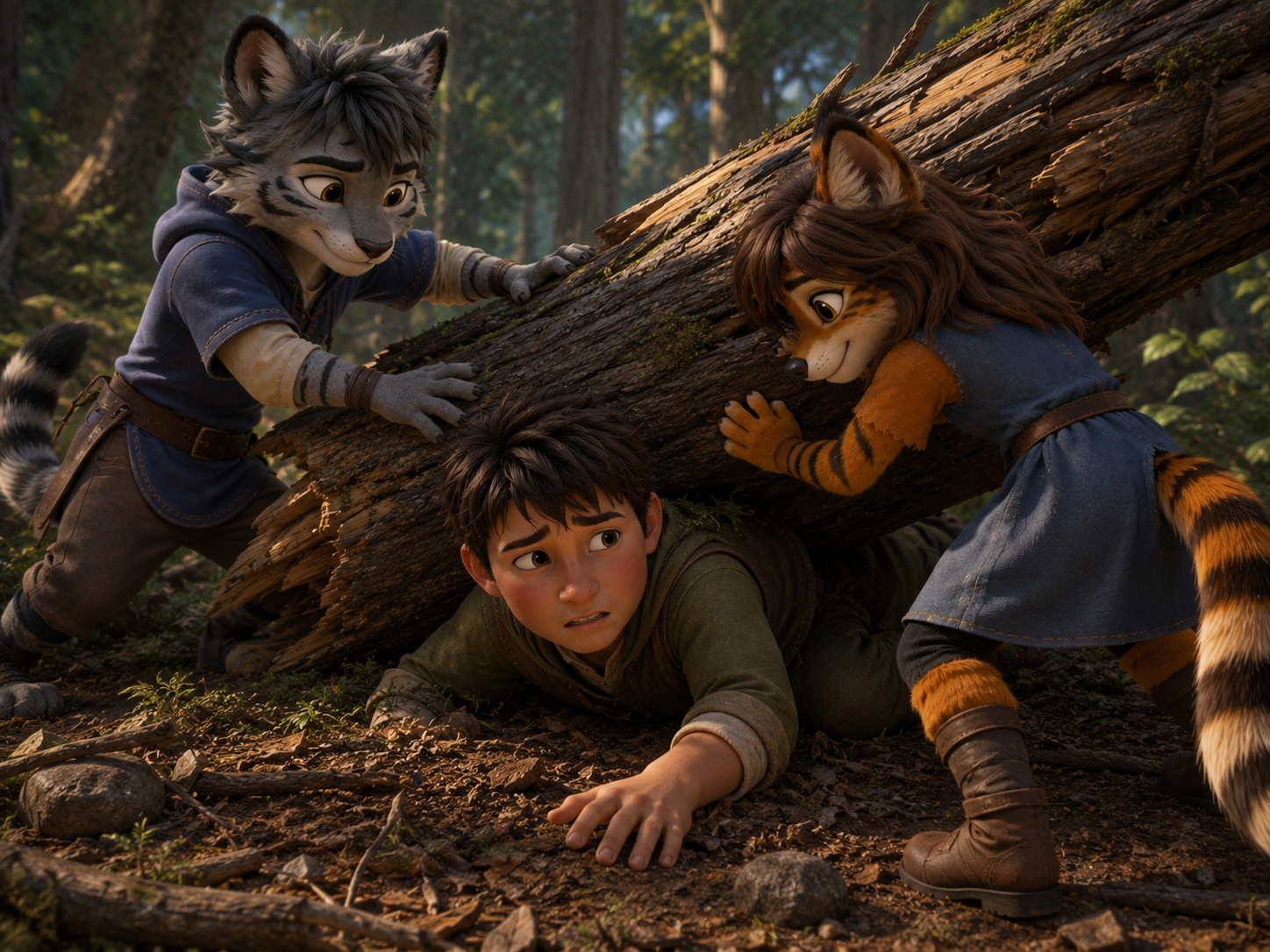 Kitara and Komatsu helping Owen beneath a fallen tree
