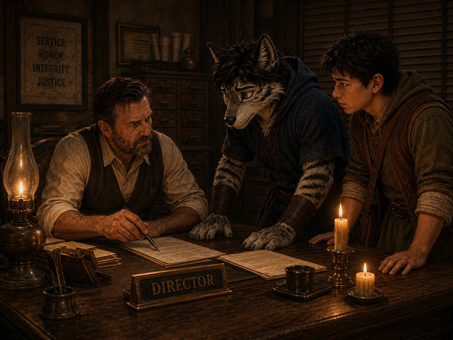 Buck Stiles meeting with Komatsu and Owen in the Director's office
