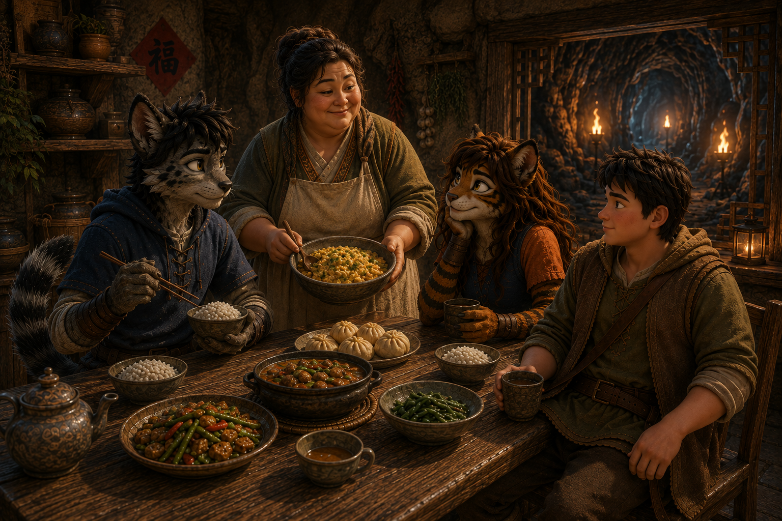 Kitara, Komatsu, and Owen sharing a meal in Mary's underground kitchen